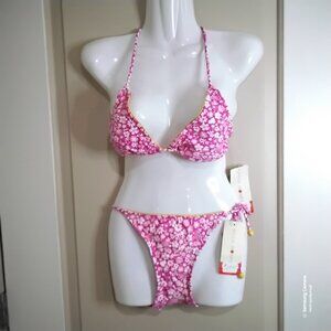 Honey Hula Pink & White Floral String Halter Removable Pads Tie Bikini Set NWT M